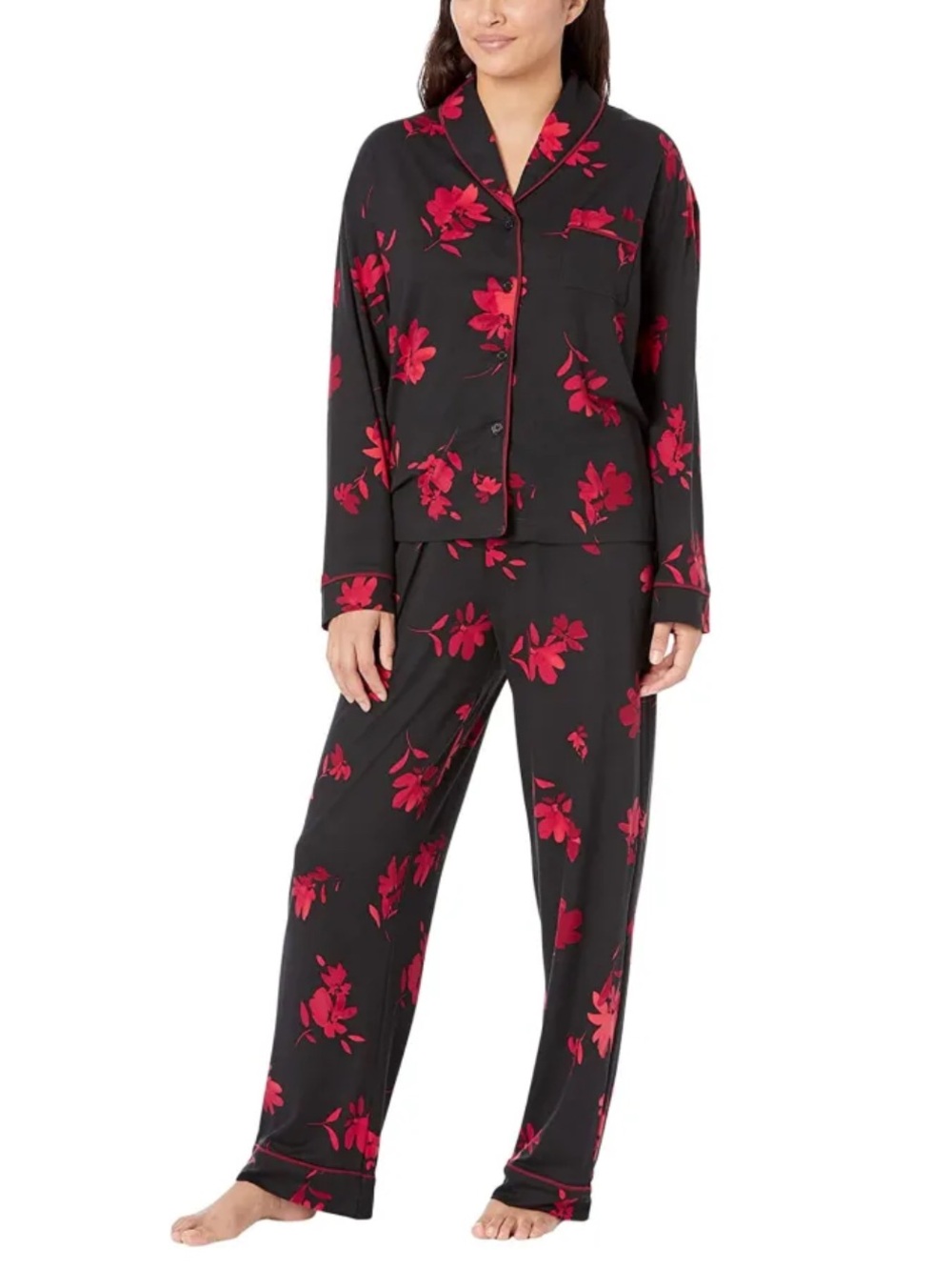 Donna Karan Intimates Black & Red Floral Pajama Set - Women's Relaxed Fit